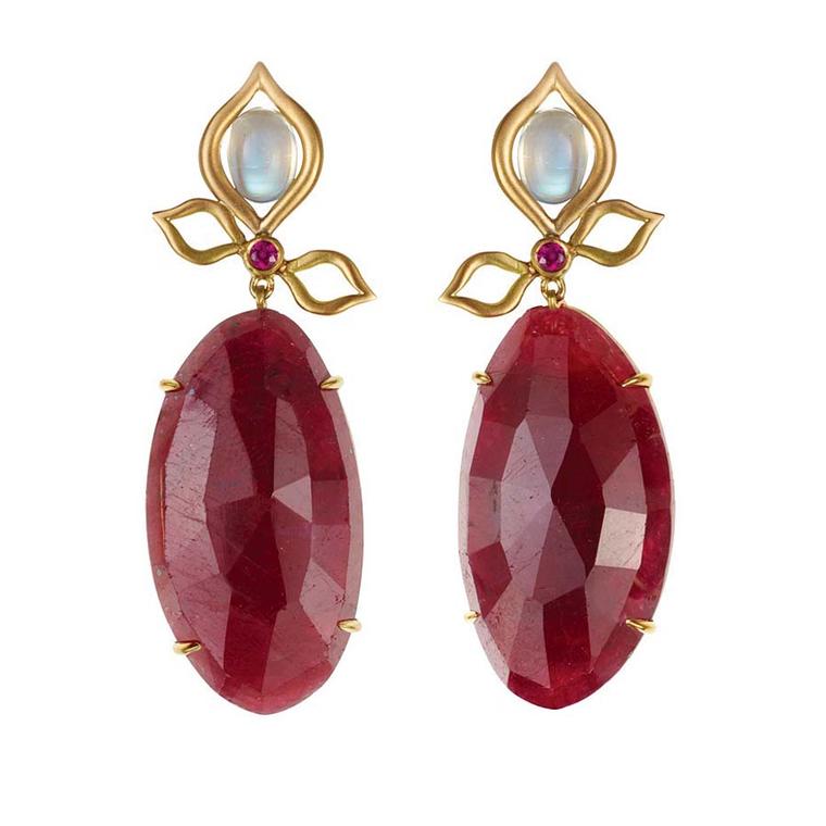Anahita ruby earrings in yellow gold featuring 62.10ct of rubies, diamonds and silver moonstones.